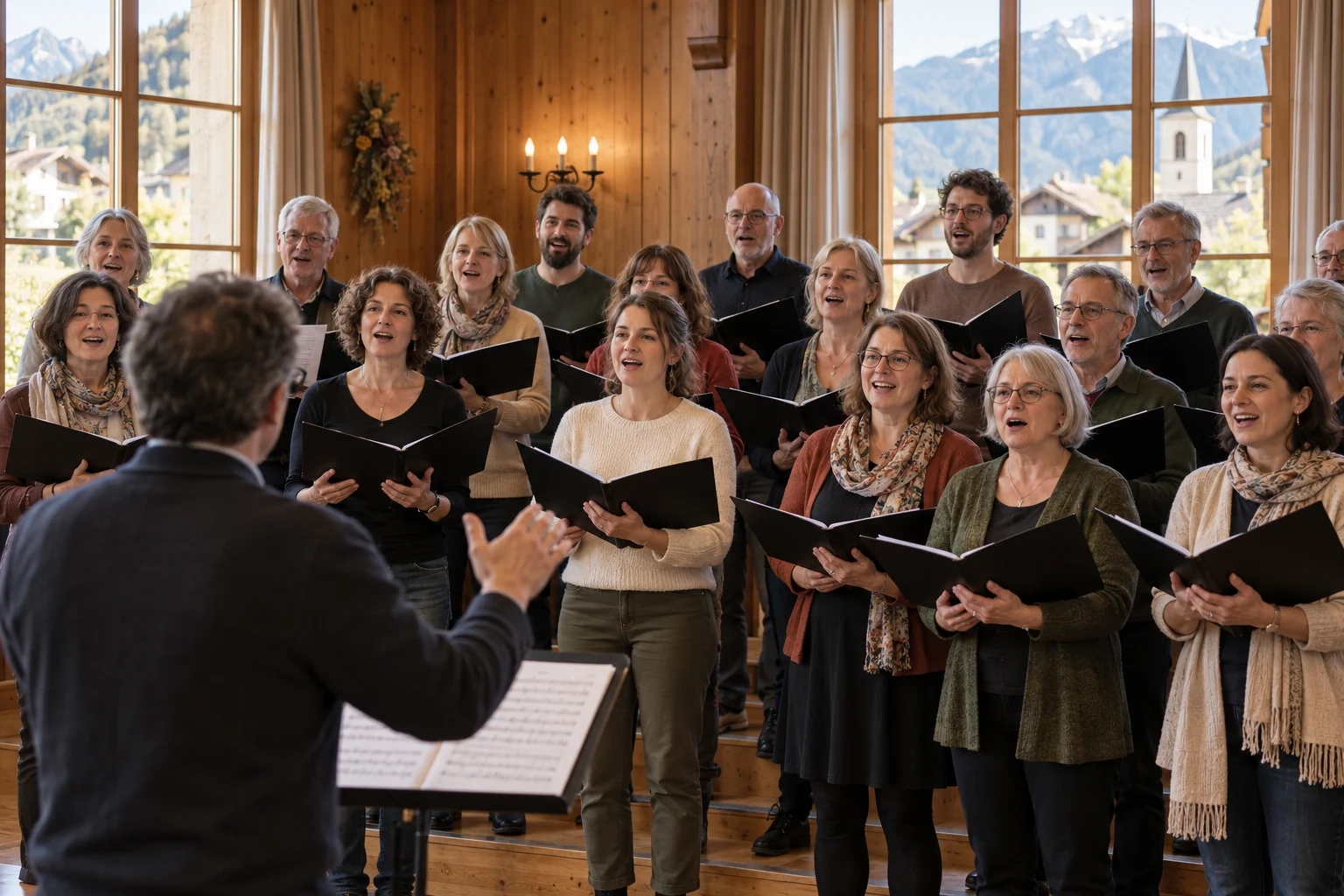Image d’illustration : une chorale mixte réunie pour chanter dans une salle chaleureuse