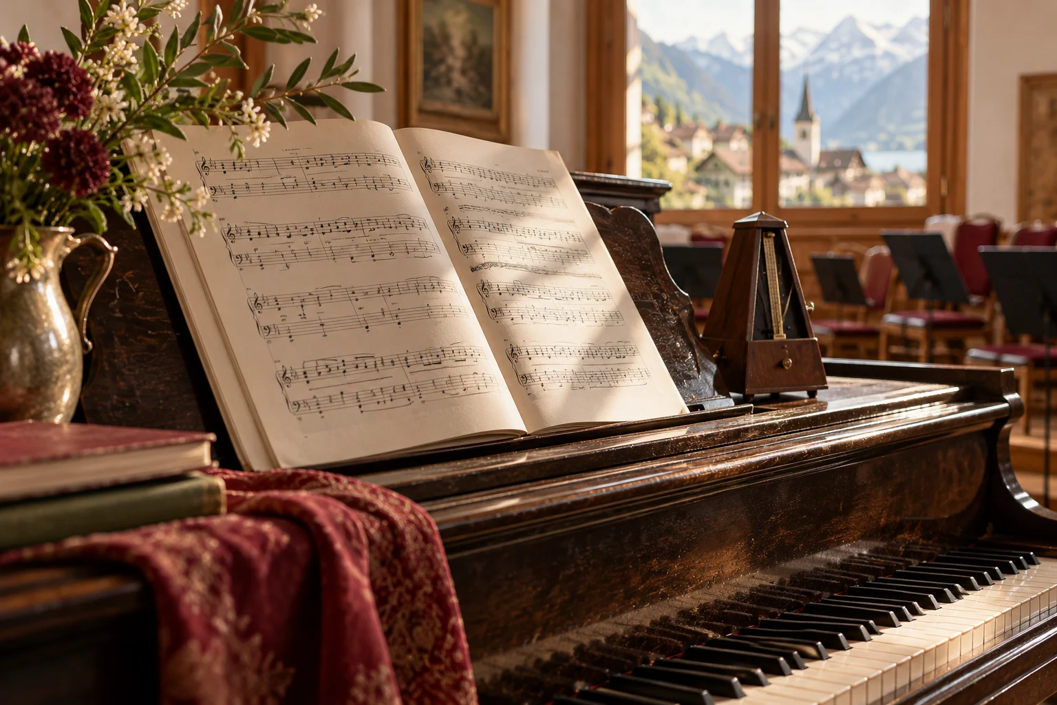 Image d’illustration : partitions de chant et métronome sur un piano